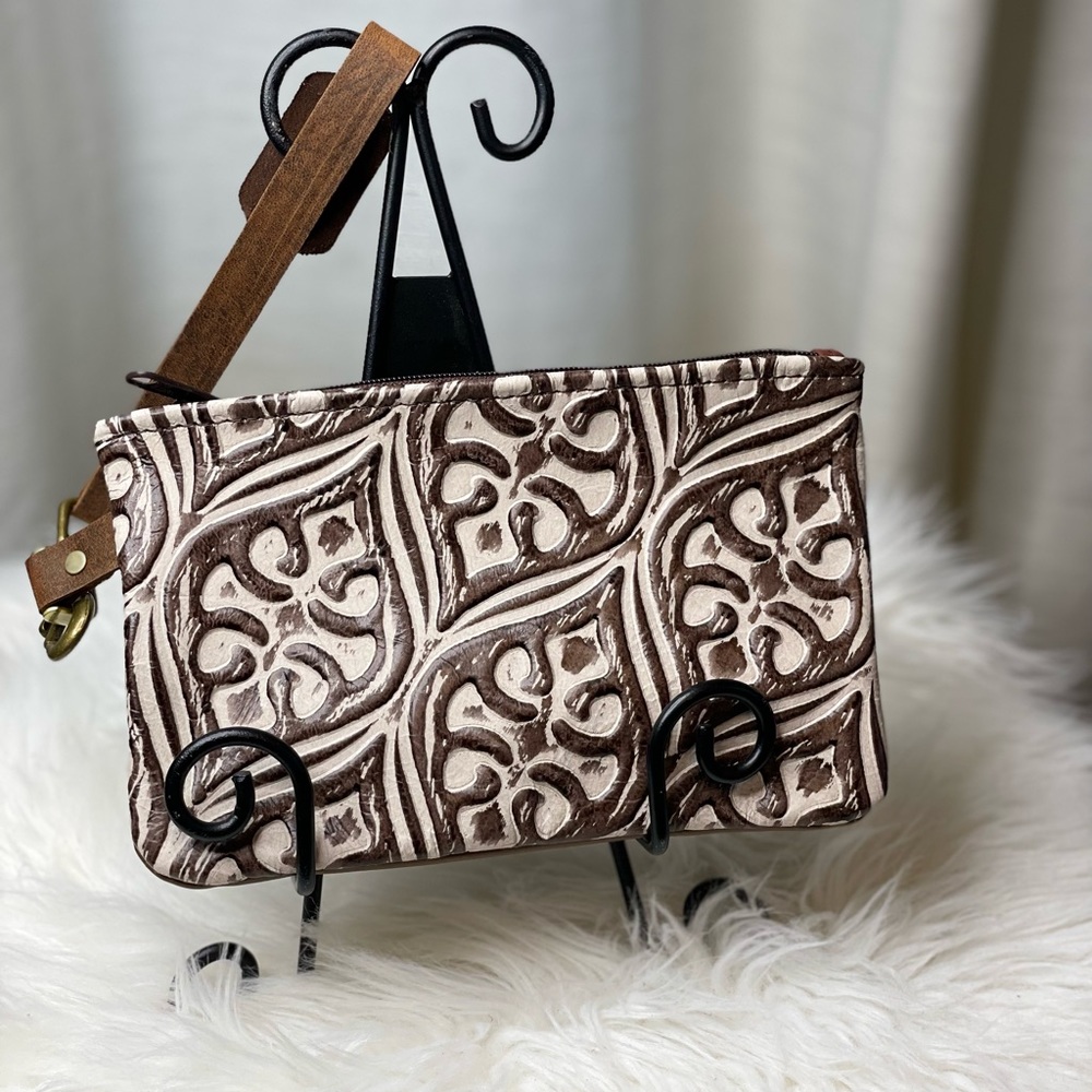 Ivory-Embossed Cowhide Wristlet Clutch — Brown Leather, 8.5" W x 6.5" H